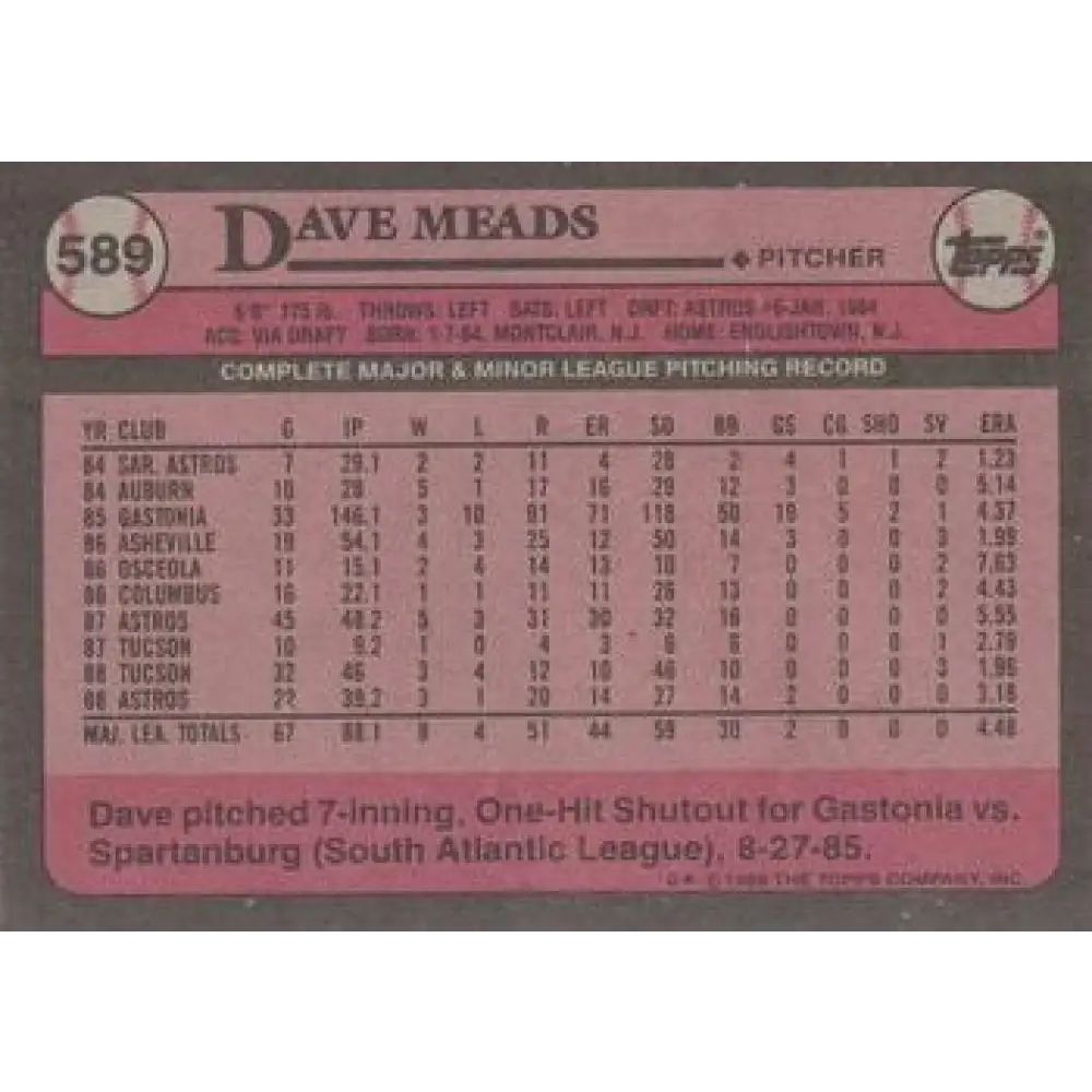 1989 Topps #589 Dave Meads NM-MT Houston Astros Baseball Card Image 2
