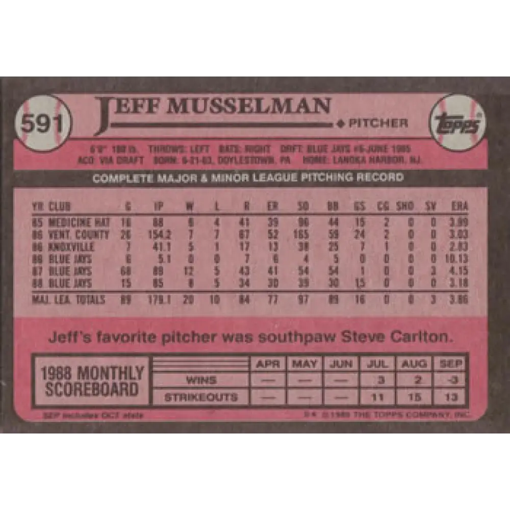 1989 Topps #591 Jeff Musselman NM-MT Toronto Blue Jays Baseball Card Image 2