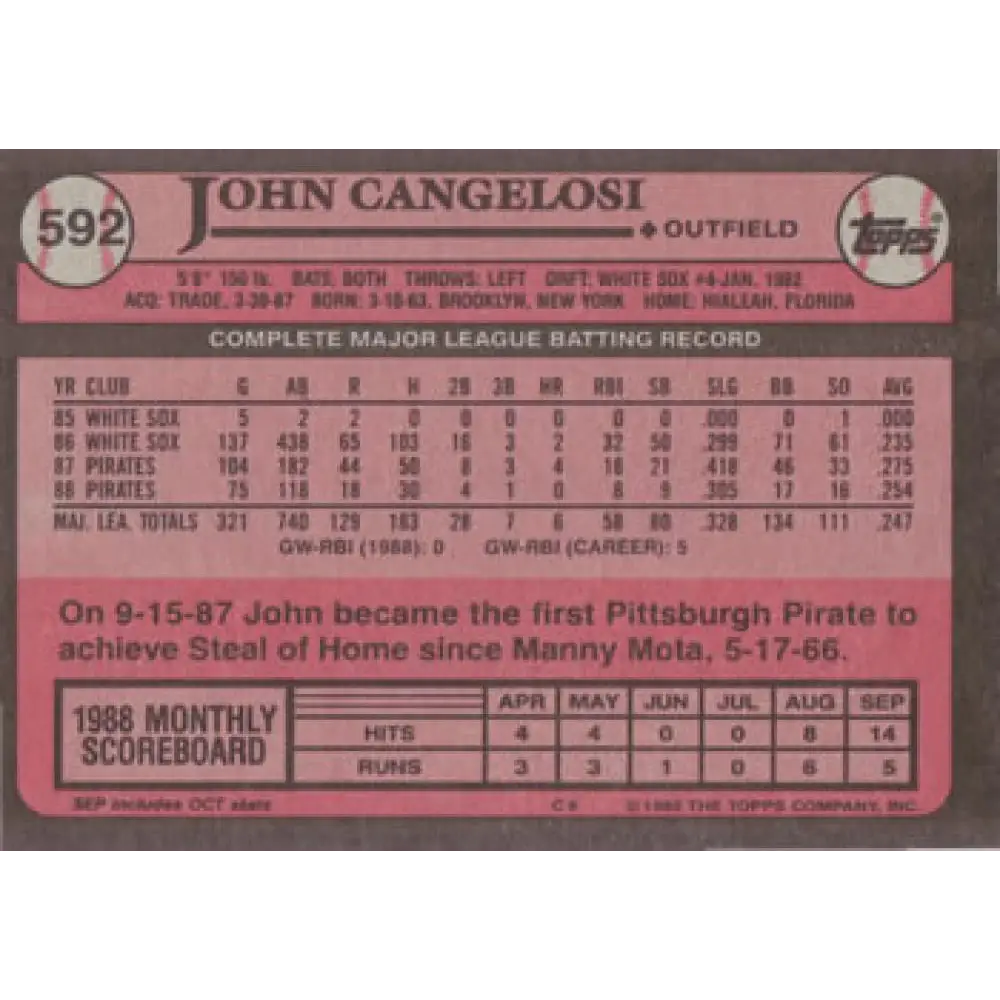1989 Topps #592 John Cangelosi NM-MT Pittsburgh Pirates Baseball Card Image 2