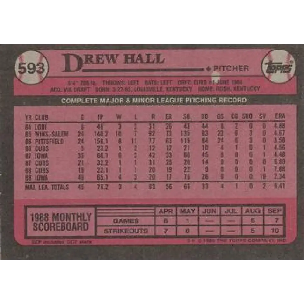 1989 Topps #593 Drew Hall NM-MT Chicago Cubs Baseball Card Image 2