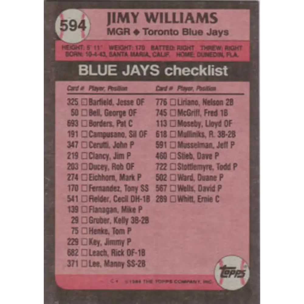 1989 Topps #594b Jimy Williams COR NM-MT Toronto Blue Jays Baseball Card Image 2