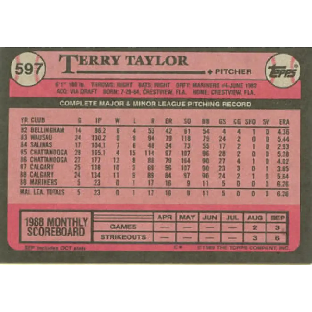 1989 Topps #597 Terry Taylor NM-MT RC Rookie Seattle Mariners Baseball Card Image 2