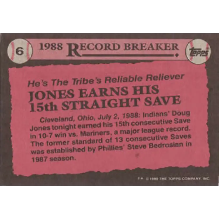 1989 Topps #6 Doug Jones UER RB NM-MT Cleveland Indians Baseball Card Image 2