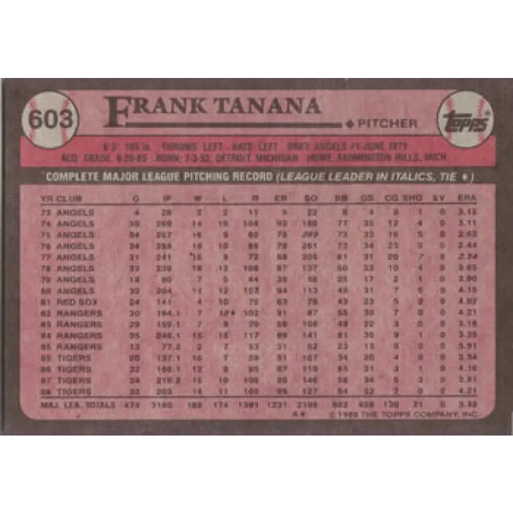 1989 Topps #603 Frank Tanana NM-MT Detroit Tigers Baseball Card Image 2