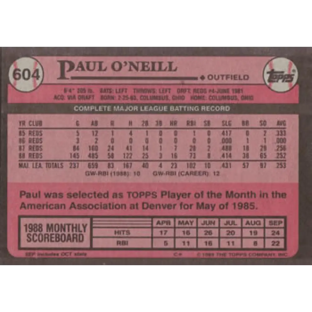 1989 Topps #604 Paul O'Neill NM-MT Cincinnati Reds Baseball Card Image 2