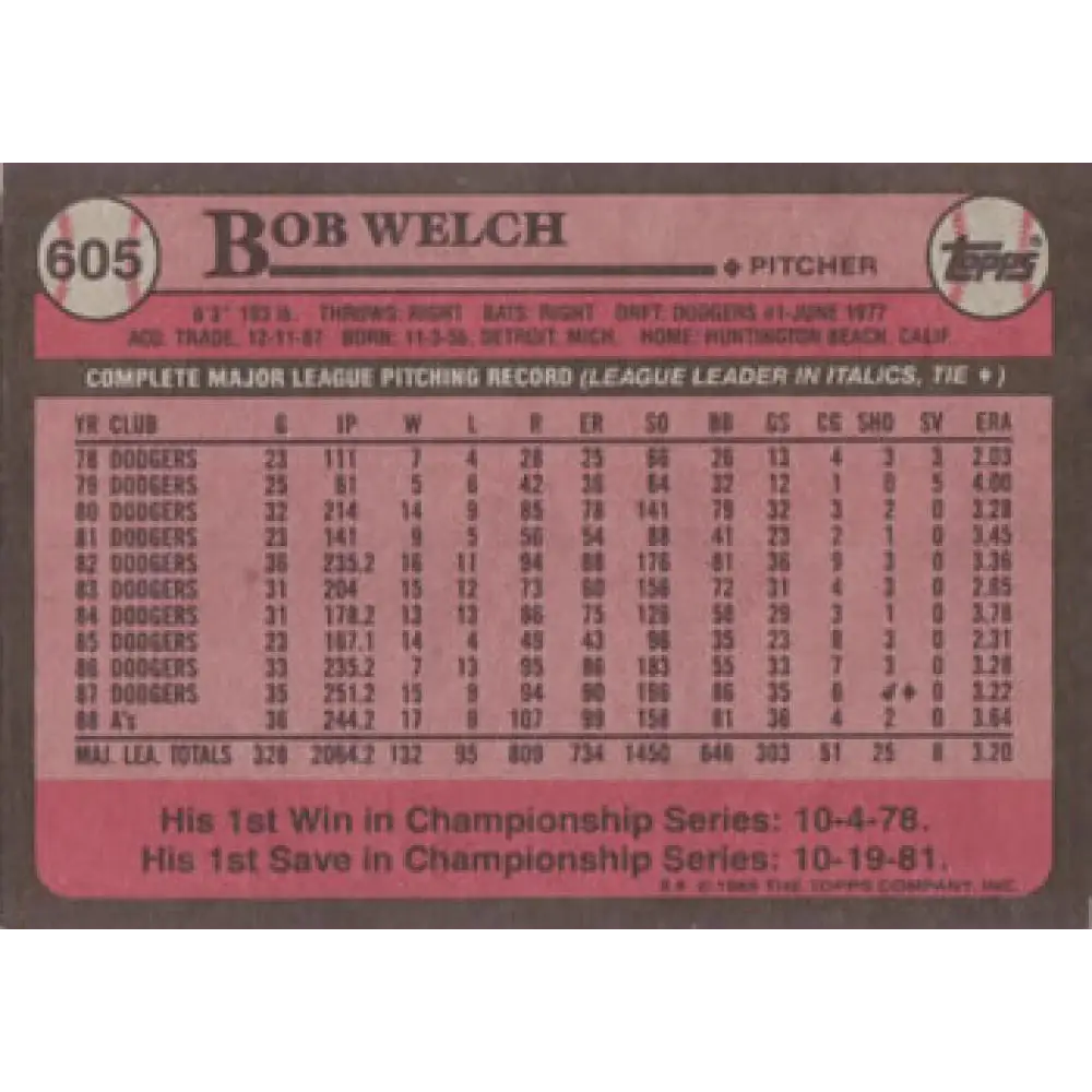 1989 Topps #605b Bob Welch COR NM-MT Oakland Athletics Baseball Card Image 2