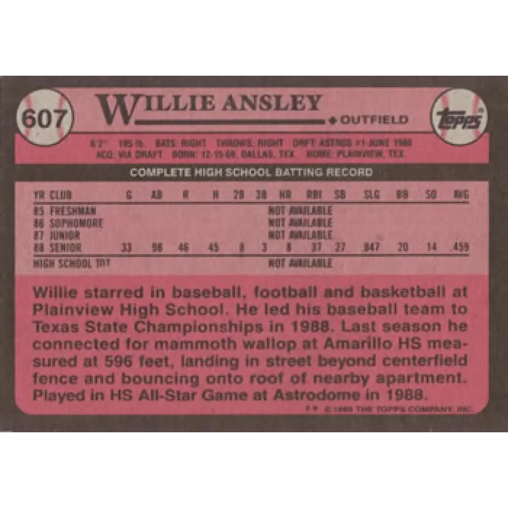 1989 Topps #607 Willie Ansley NM-MT RC Rookie Houston Astros Baseball Card Image 2