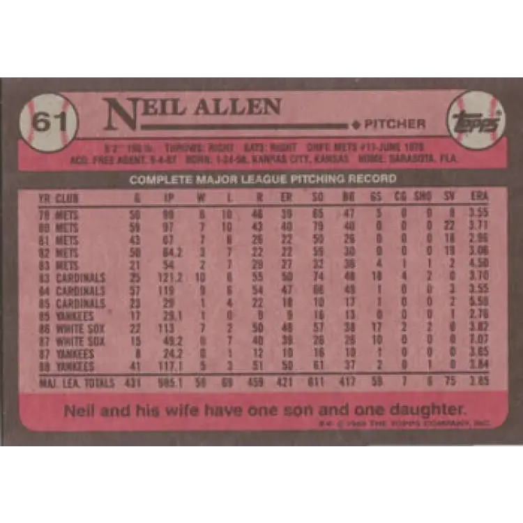 1989 Topps #61 Neil Allen NM-MT New York Yankees Baseball Card Image 2