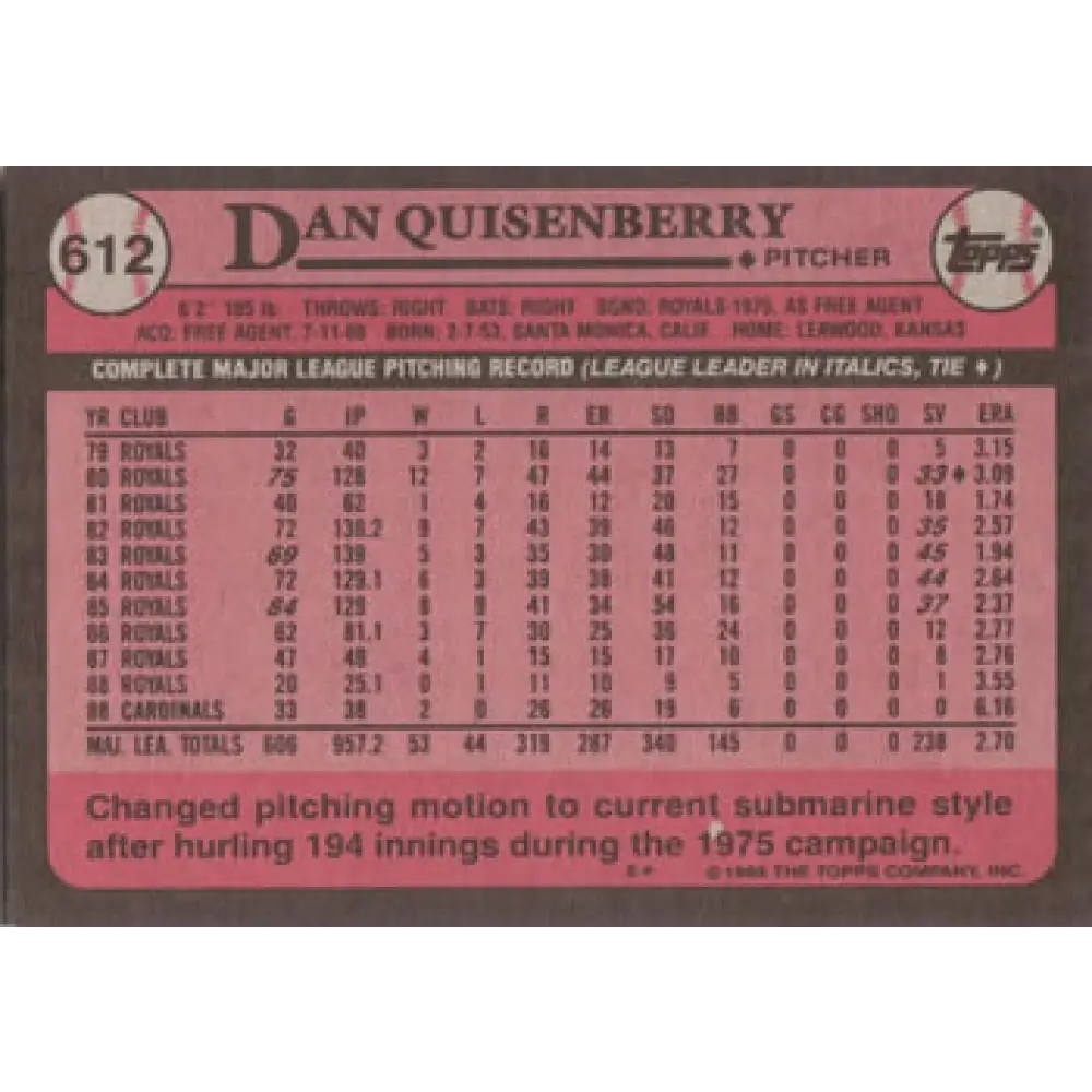 1989 Topps #612 Dan Quisenberry NM-MT St. Louis Cardinals Baseball Card Image 2