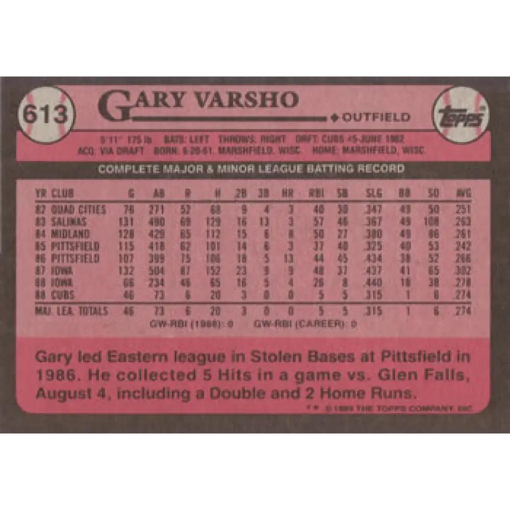 1989 Topps #613 Gary Varsho NM-MT Chicago Cubs Baseball Card Image 2