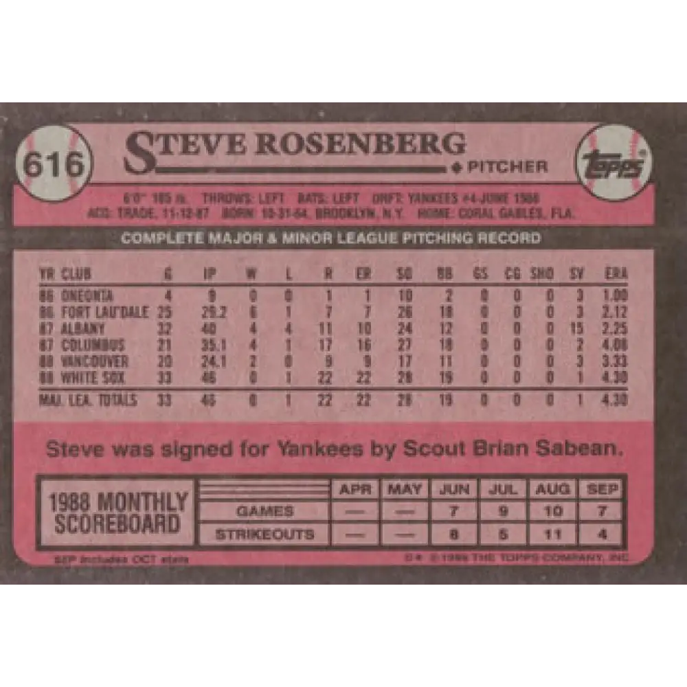 1989 Topps #616 Steve Rosenberg NM-MT Chicago White Sox Baseball Card Image 2