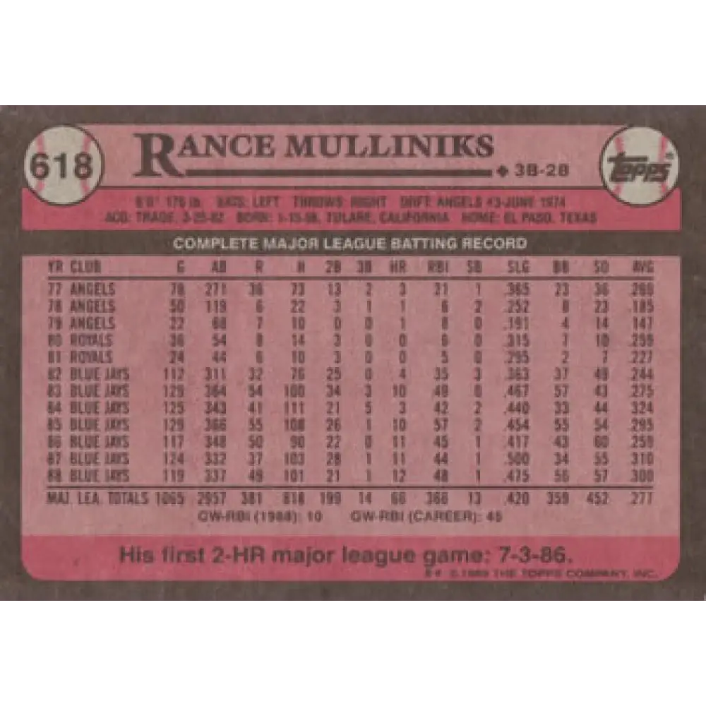 1989 Topps #618 Rance Mulliniks NM-MT Toronto Blue Jays Baseball Card Image 2