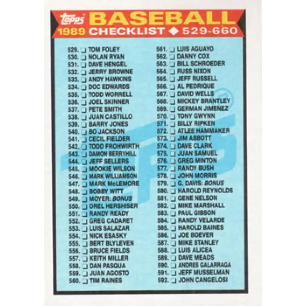 1989 Topps #619 Checklist 529-660 NM-MT Checklist Baseball Card Image 1