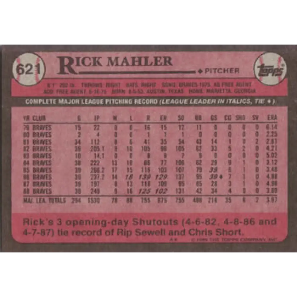 1989 Topps #621 Rick Mahler NM-MT Atlanta Braves Baseball Card Image 2