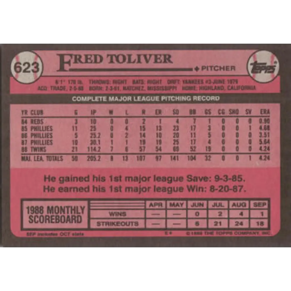 1989 Topps #623 Fred Toliver NM-MT Minnesota Twins Baseball Card Image 2