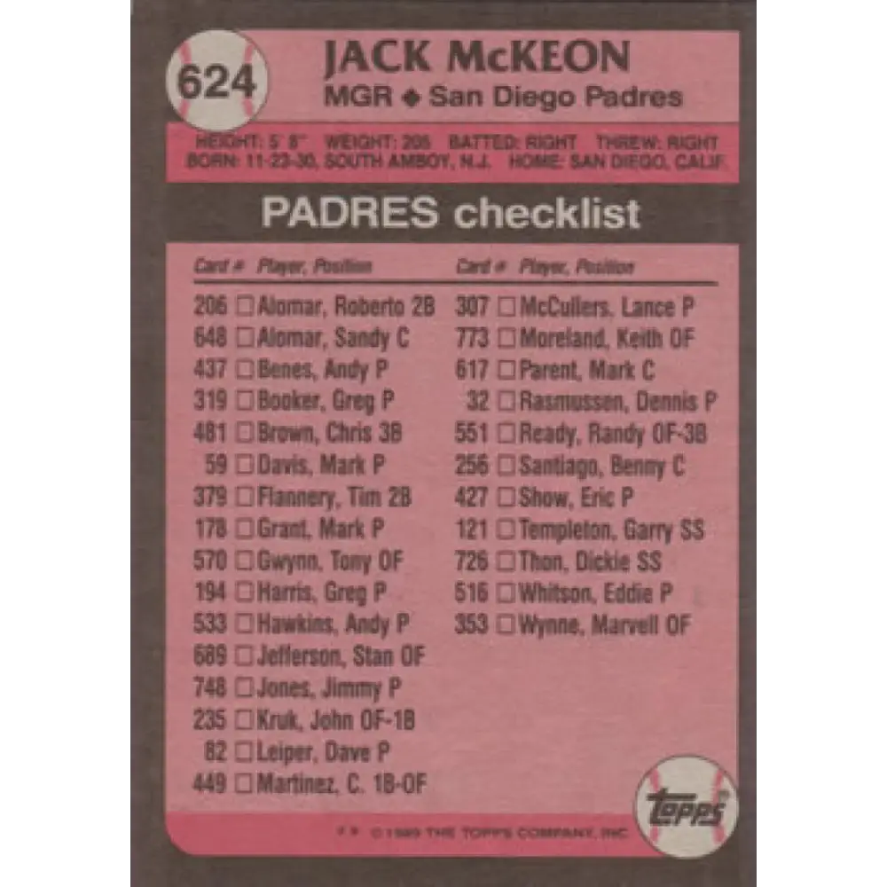 1989 Topps #624 Jack McKeon MG NM-MT San Diego Padres Baseball Card Image 2