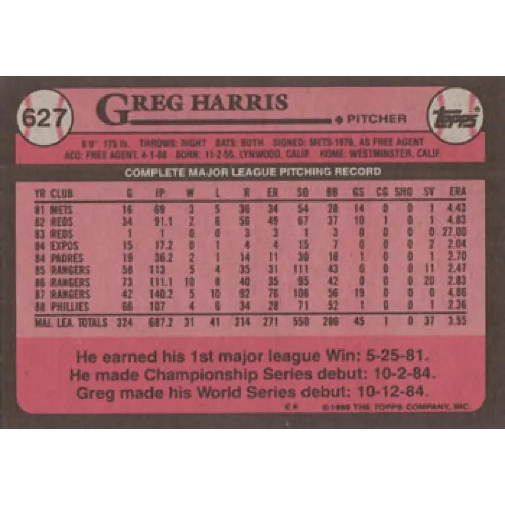 1989 Topps #627 Greg Harris NM-MT Philadelphia Phillies Baseball Card Image 2