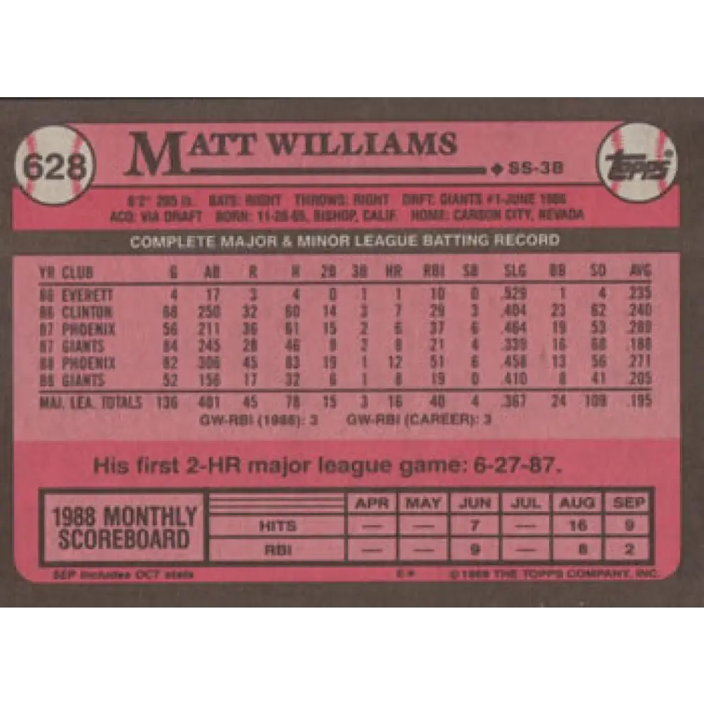 1989 Topps #628 Matt Williams NM-MT San Francisco Giants Baseball Card Image 2