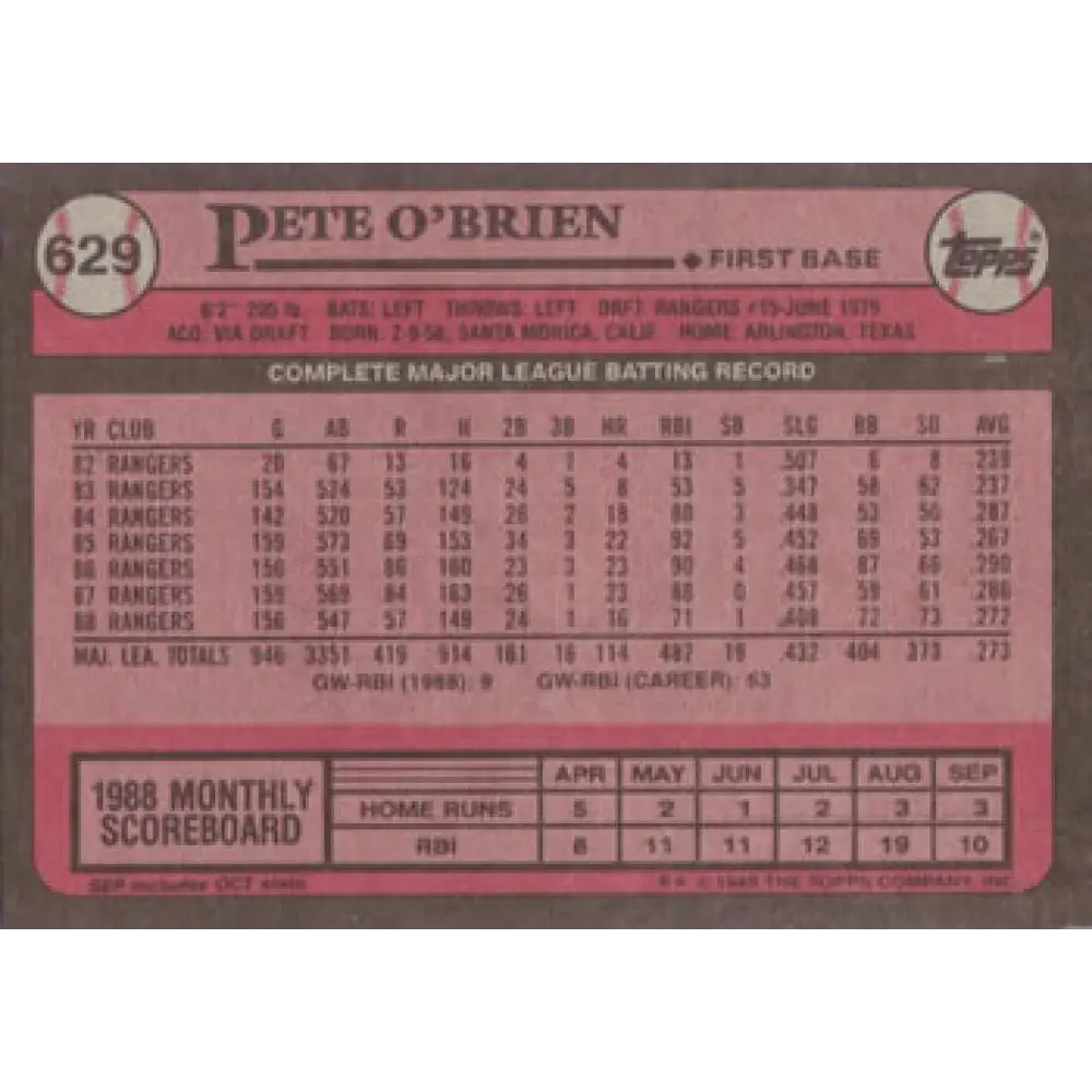 1989 Topps #629 Pete O'Brien NM-MT Texas Rangers Baseball Card Image 2