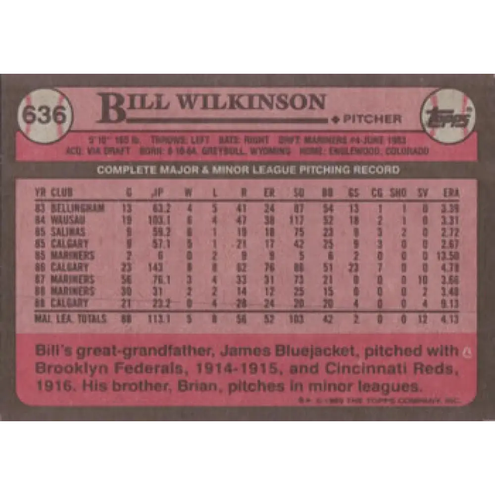 1989 Topps #636 Bill Wilkinson NM-MT Seattle Mariners Baseball Card Image 2