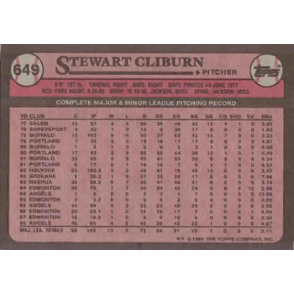 1989 Topps #649 Stew Cliburn NM-MT California Angels Baseball Card Image 2