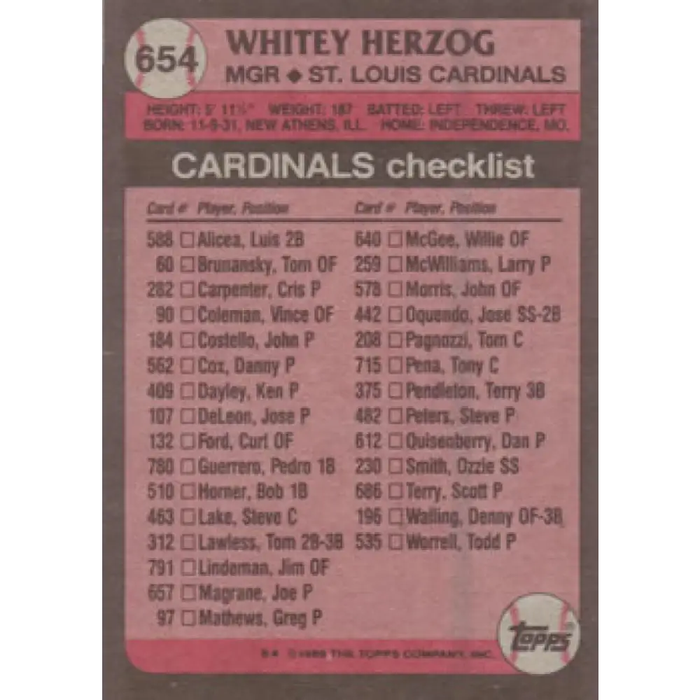 1989 Topps #654 Whitey Herzog MG NM-MT St. Louis Cardinals Baseball Card Image 2