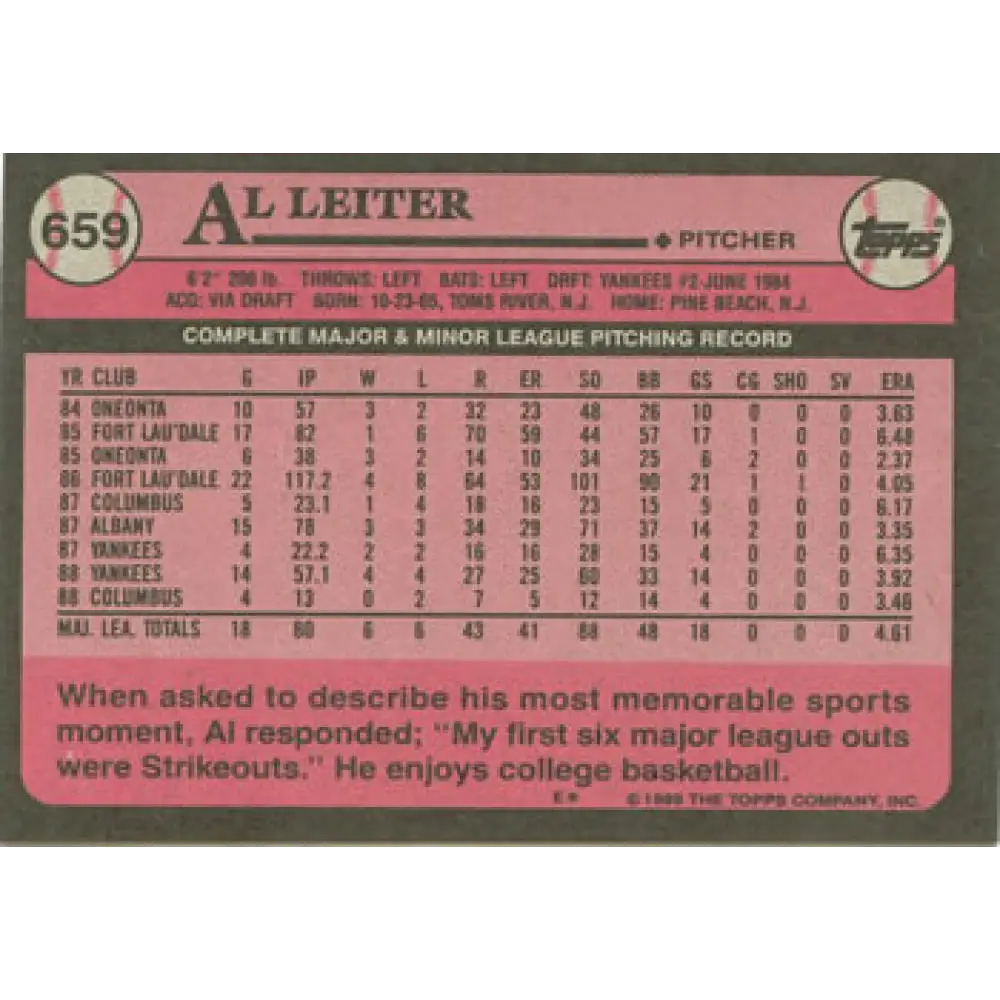 1989 Topps #659 Al Leiter NM-MT New York Yankees Baseball Card Image 2