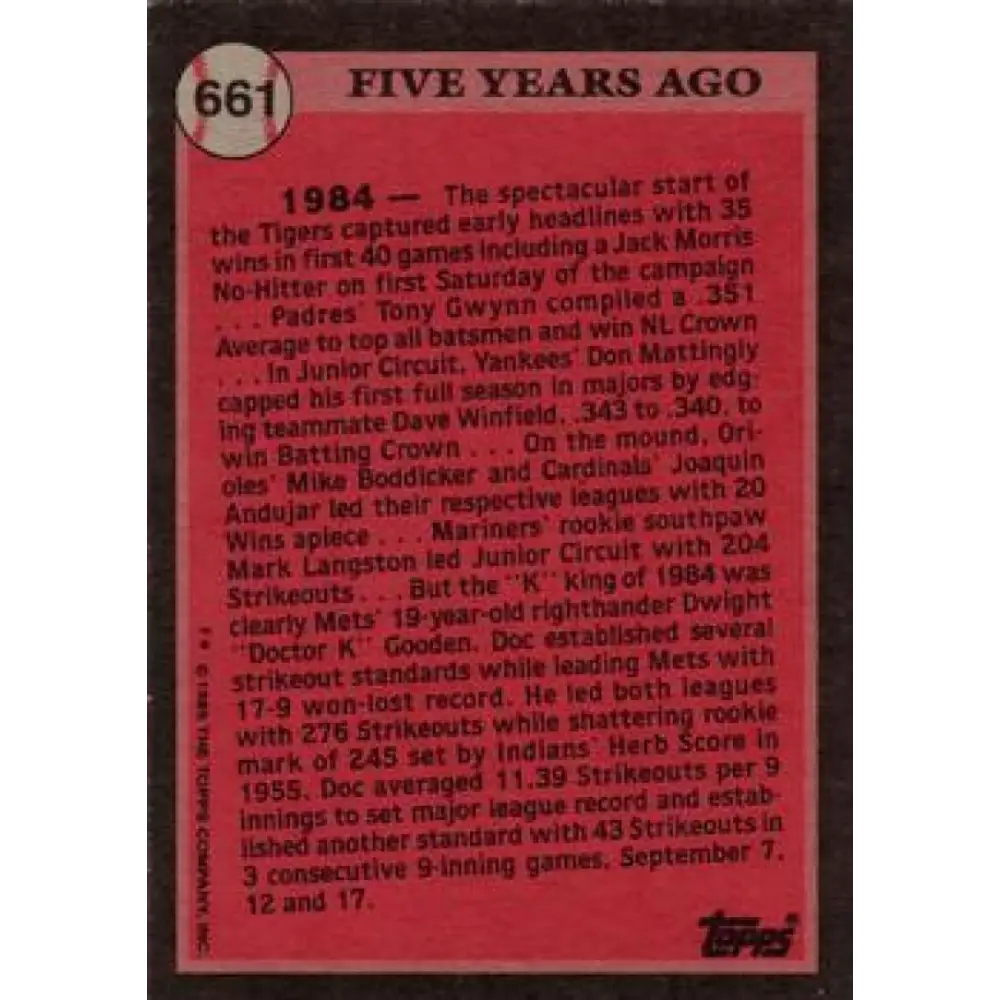 1989 Topps #661 Dwight Gooden NM-MT New York Mets Baseball Card Image 2