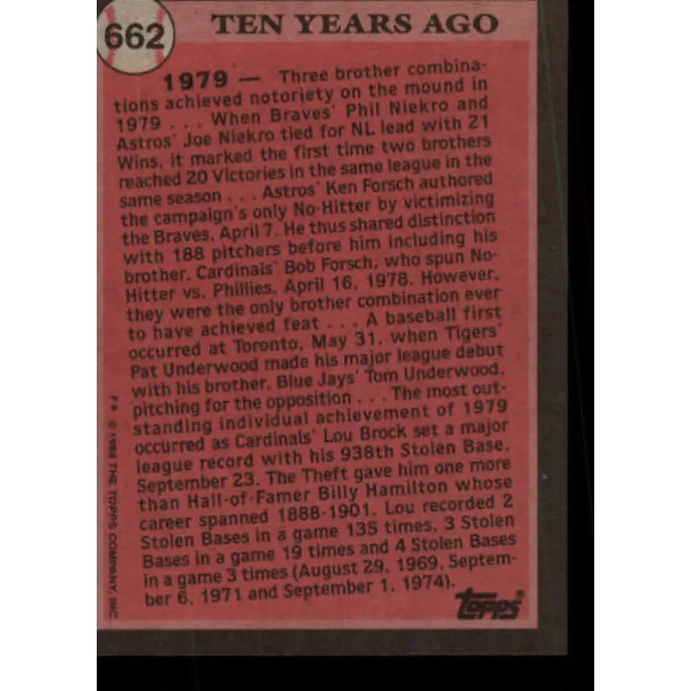 1989 Topps #662 Lou Brock NM-MT St. Louis Cardinals Baseball Card Image 2