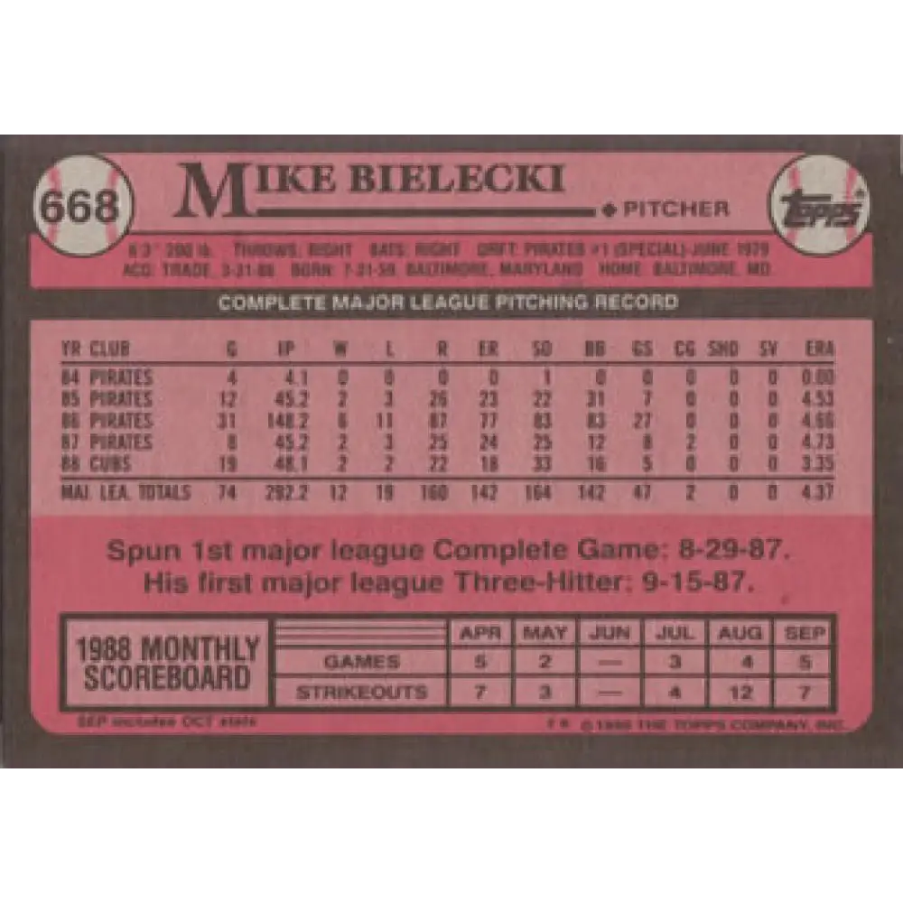 1989 Topps #668 Mike Bielecki NM-MT Chicago Cubs Baseball Card Image 2