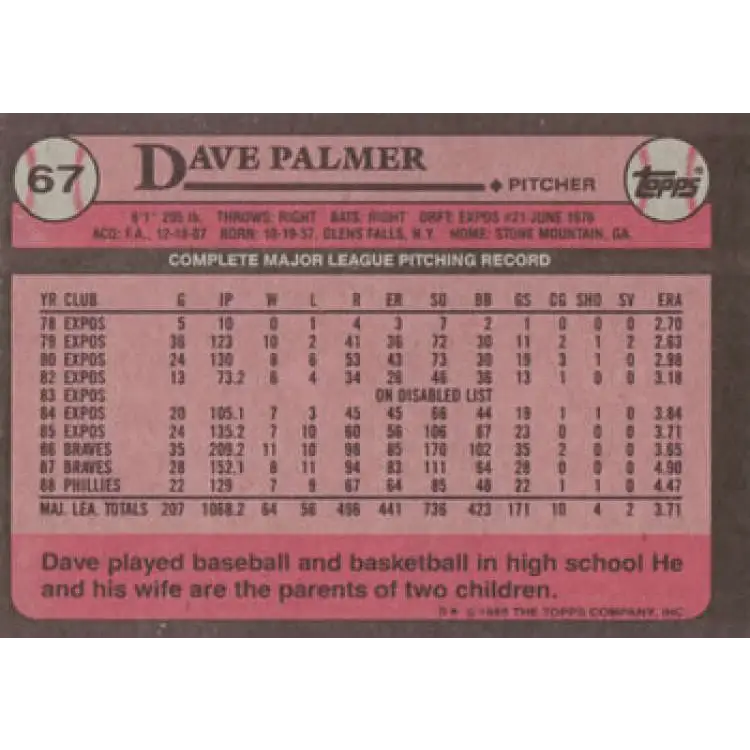 1989 Topps #67 Dave Palmer NM-MT Philadelphia Phillies Baseball Card Image 2