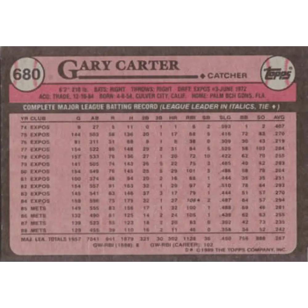 1989 Topps #680 Gary Carter NM-MT New York Mets Baseball Card Image 2