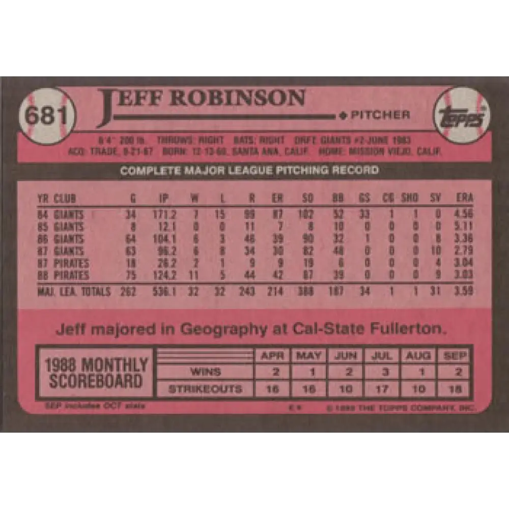 1989 Topps #681 Jeff Robinson NM-MT Pittsburgh Pirates Baseball Card Image 2