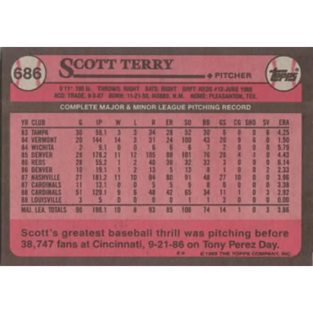 1989 Topps #686 Scott Terry NM-MT St. Louis Cardinals Baseball Card Image 2