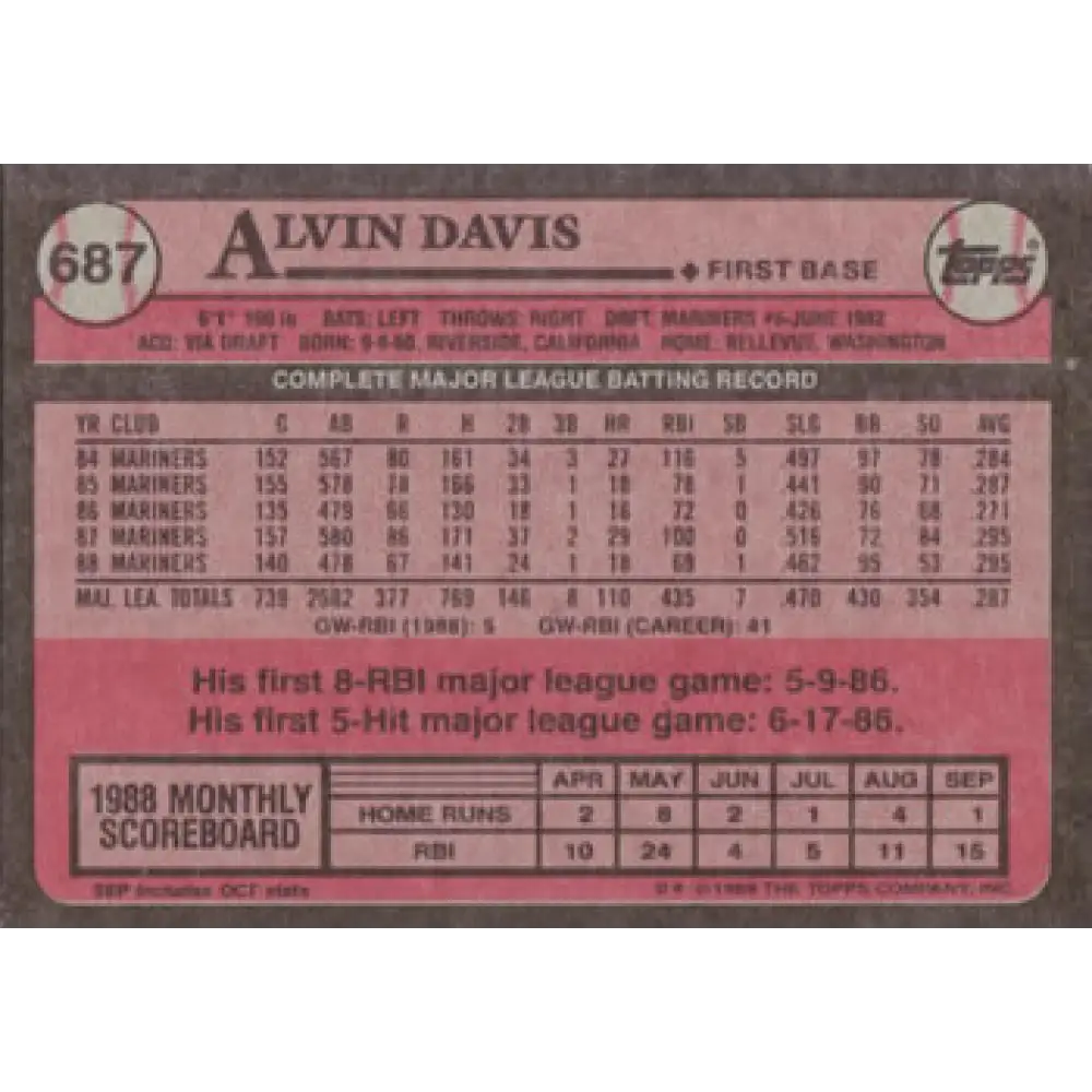 1989 Topps #687 Alvin Davis NM-MT Seattle Mariners Baseball Card Image 2