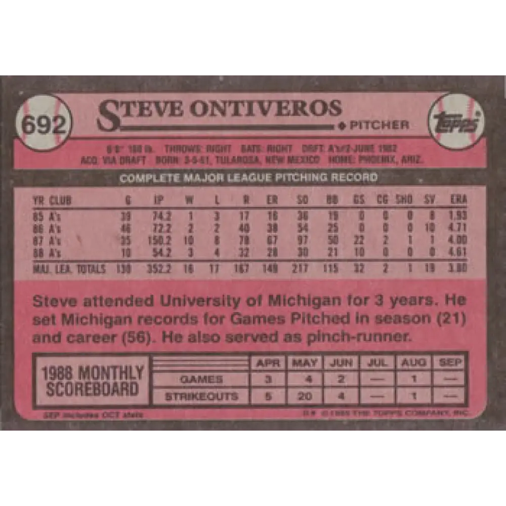 1989 Topps #692 Steve Ontiveros NM-MT Oakland Athletics Baseball Card Image 2