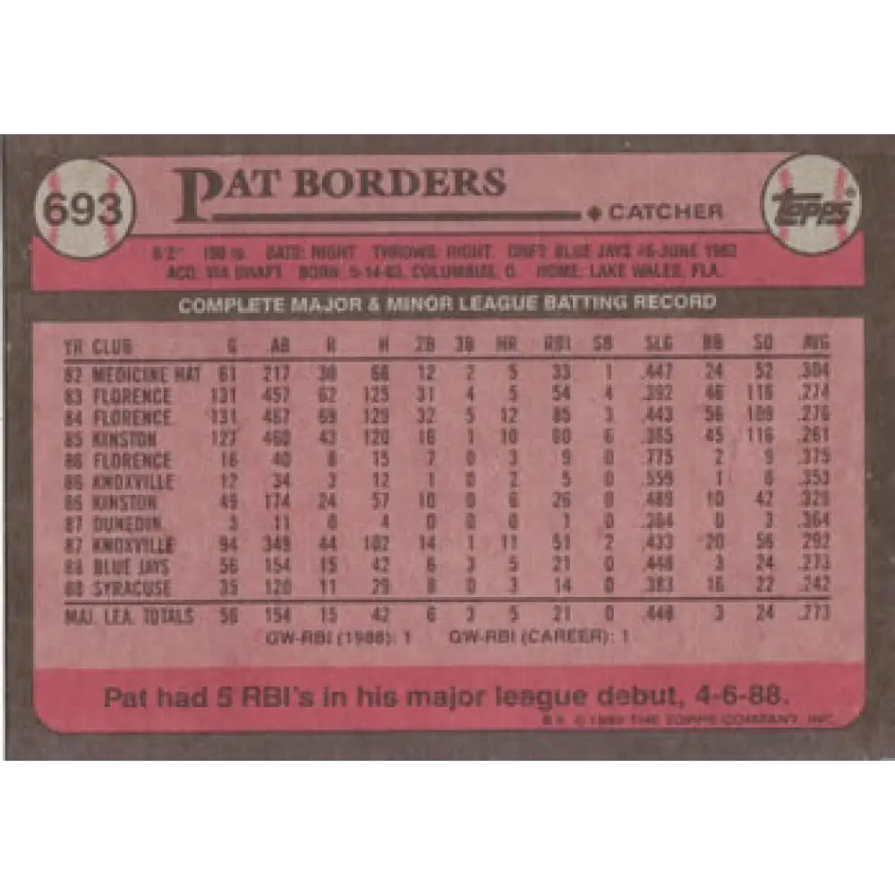 1989 Topps #693 Pat Borders NM-MT RC Rookie Toronto Blue Jays Baseball Card Image 2
