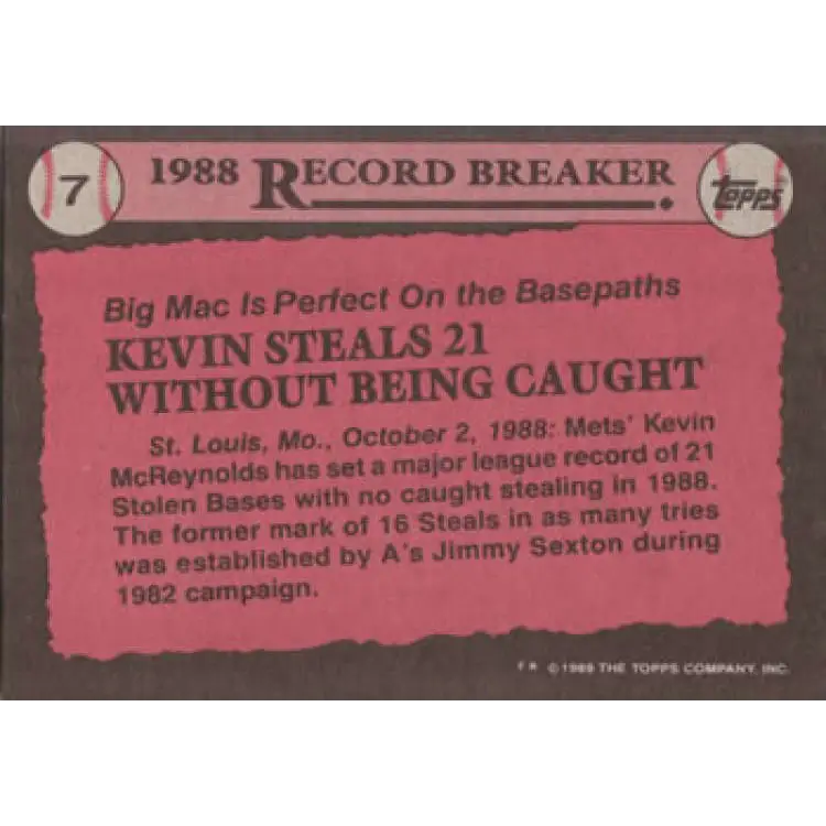 1989 Topps #7 Kevin McReynolds RB NM-MT New York Mets Baseball Card Image 2