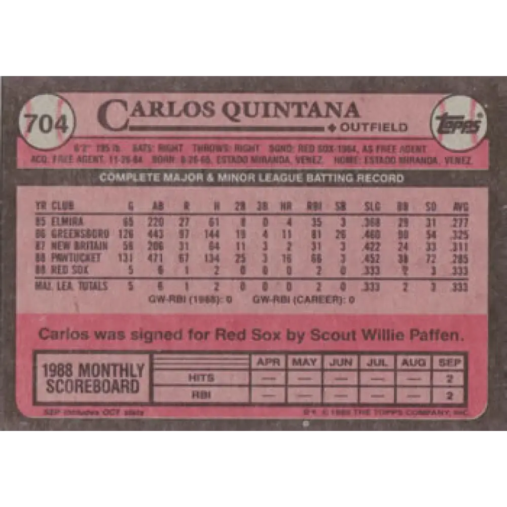 1989 Topps #704 Carlos Quintana NM-MT RC Rookie Boston Red Sox Baseball Card Image 2