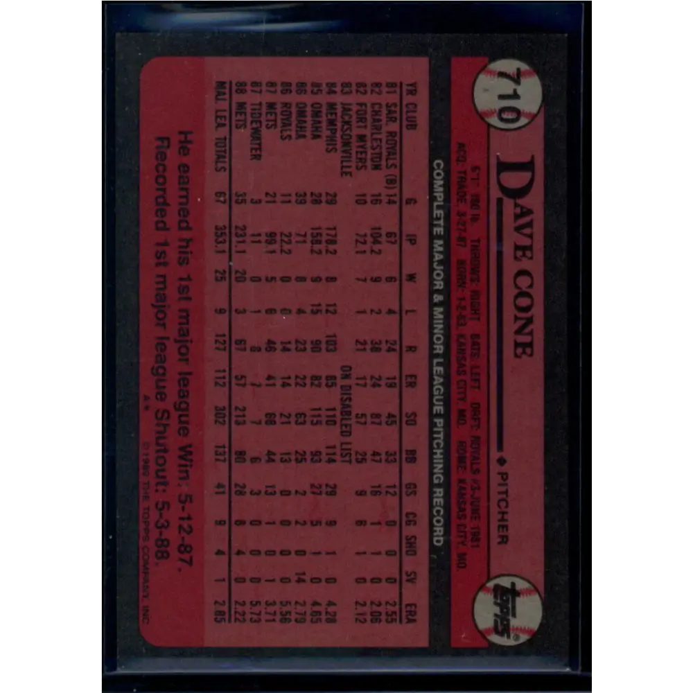 1989 Topps #710 David Cone NM-MT New York Mets Baseball Card Image 2