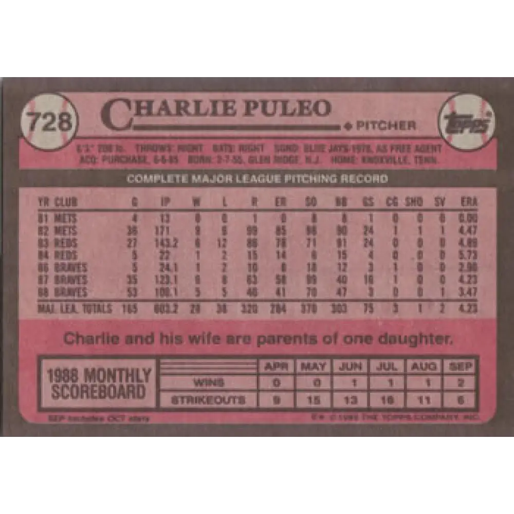 1989 Topps #728 Charlie Puleo NM-MT Atlanta Braves Baseball Card Image 2