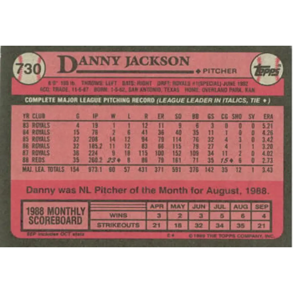 1989 Topps #730 Danny Jackson NM-MT Cincinnati Reds Baseball Card Image 2
