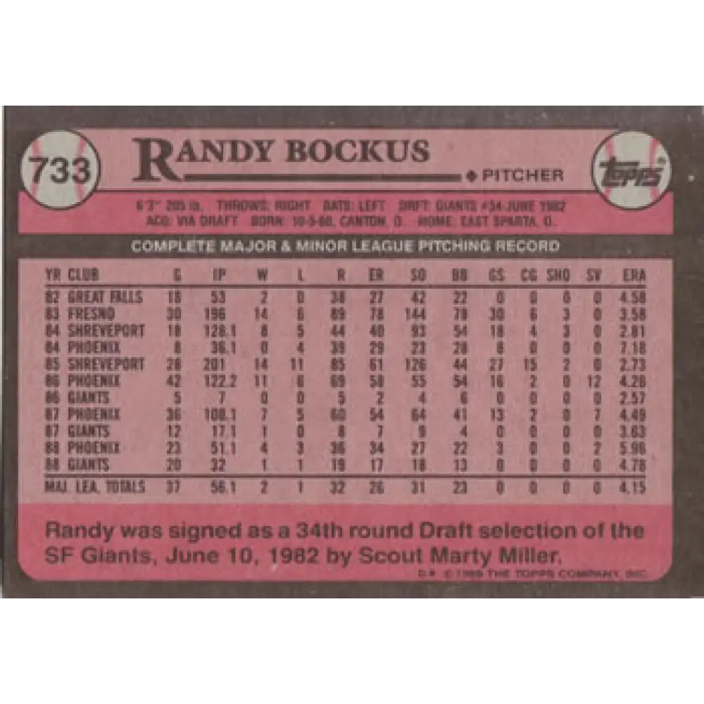 1989 Topps #733 Randy Bockus NM-MT San Francisco Giants Baseball Card Image 2
