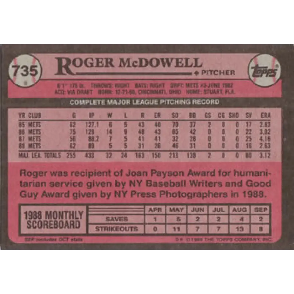 1989 Topps #735 Roger McDowell NM-MT New York Mets Baseball Card Image 2