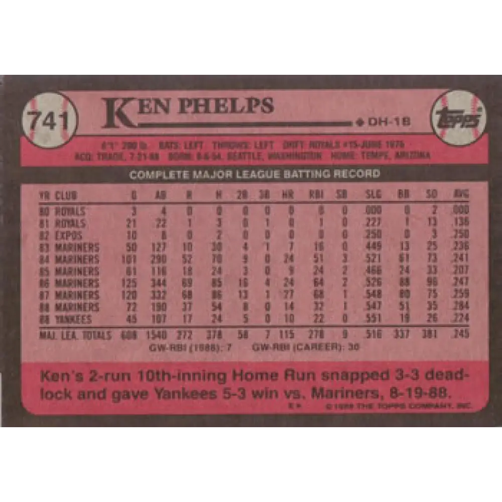 1989 Topps #741 Ken Phelps NM-MT New York Yankees Baseball Card Image 2