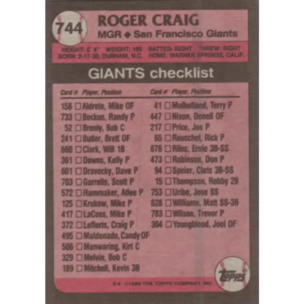 1989 Topps #744 Roger Craig MG NM-MT San Francisco Giants Baseball Card Image 2