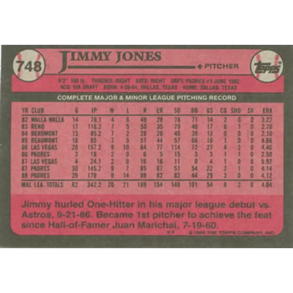 1989 Topps #748 Jimmy Jones NM-MT San Diego Padres Baseball Card Image 2