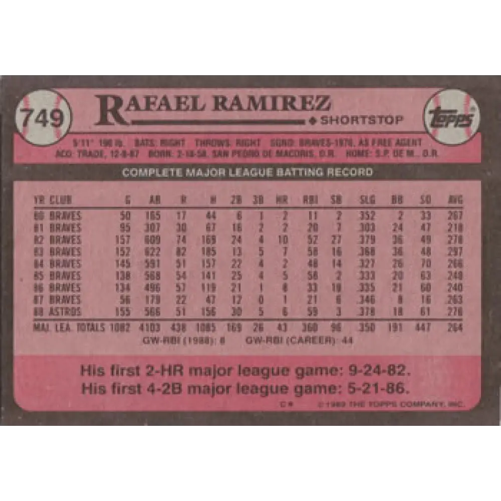1989 Topps #749 Rafael Ramirez NM-MT Houston Astros Baseball Card Image 2