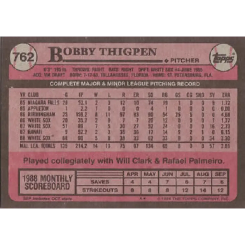 1989 Topps #762 Bobby Thigpen NM-MT Chicago White Sox Baseball Card Image 2