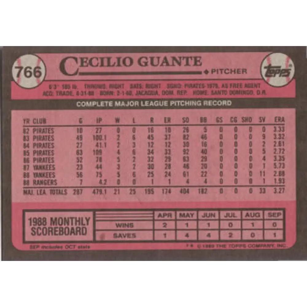 1989 Topps #766 Cecilio Guante NM-MT Texas Rangers Baseball Card Image 2